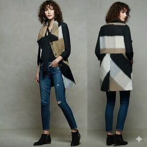 ELEVENSES Plaid Vest Long Beige Black White Women XS